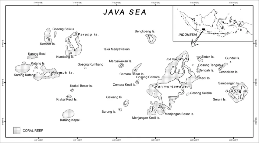 Peta Kepulauan Karimunjawa dan area terumbu karangnya. (Sumber ResearchGate oleh Siham Afatta hasil modifikasi dari peta Wildlife Conservation Society)